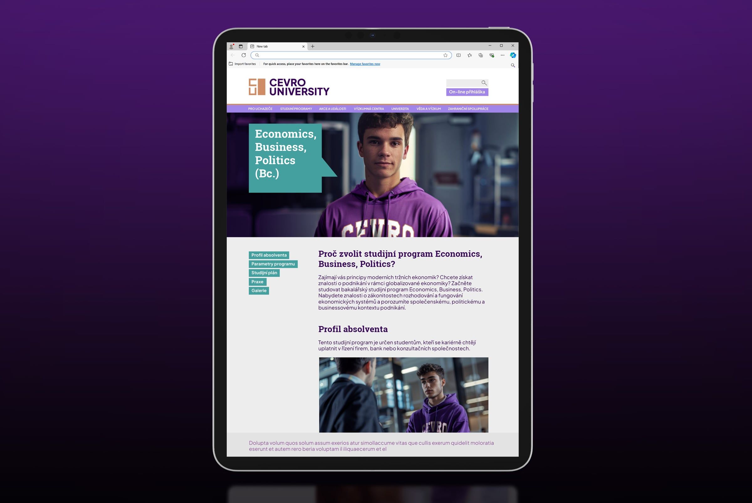 Web studijního programu Economics, Business, Politics na tabletu